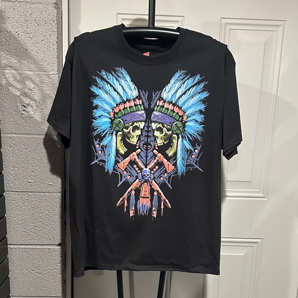 Hanes Black Tee with Blue and Purple Feather Design